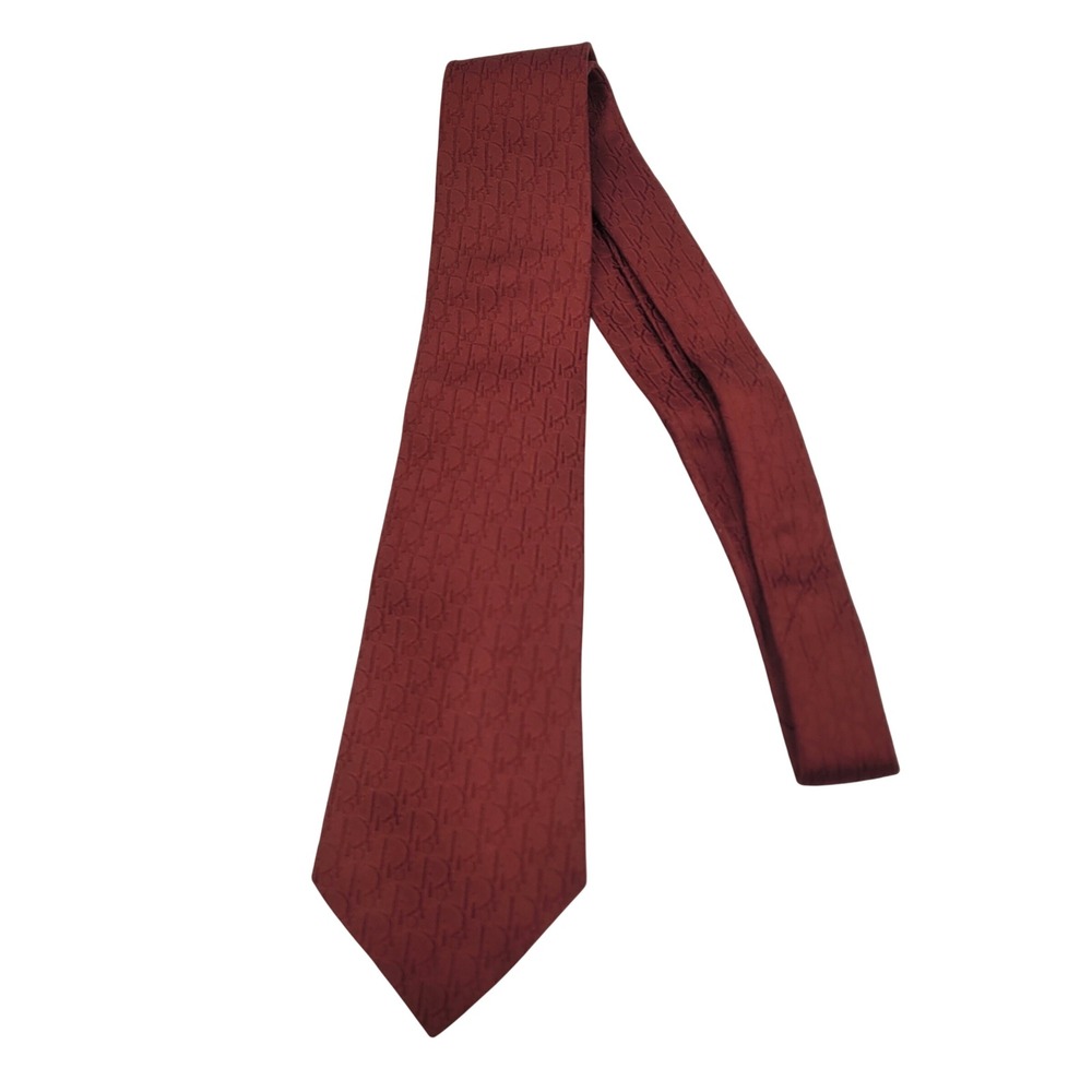 Christian Dior Monsieur Tie Burgundy Red Oblique Logo Silk Jacquard Vintage Mens
